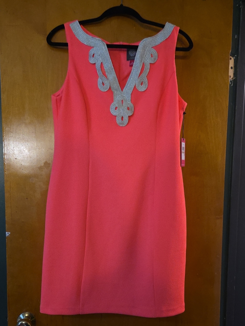 Vince Camuto Size 12 Coral Dress with Silver Embroidered Neckline